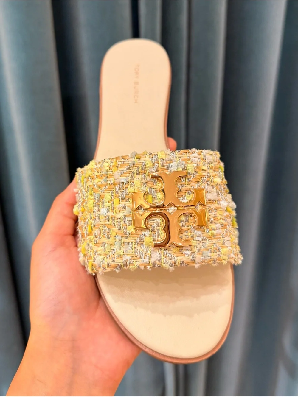 Tory Burch Everly Tweed Flat Slide Sandals Gold Logo Multicolor